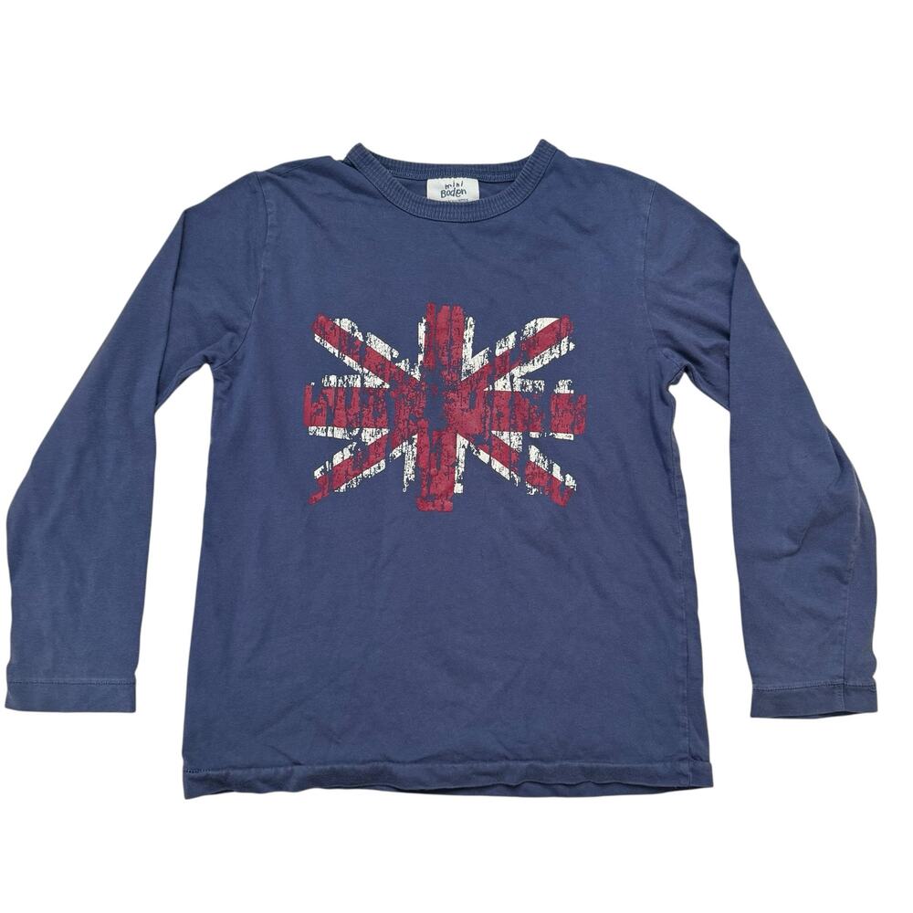 MINI BODEN Crackle Union Jack Gray Long Sleeve Tee Size 9-10 Kids 100% Cotton